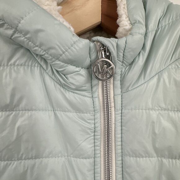Michael Kors Girls Jacket 10 12 Medium Sea Foam Green Puffer Sherpa Hooded - Picture 3 of 12